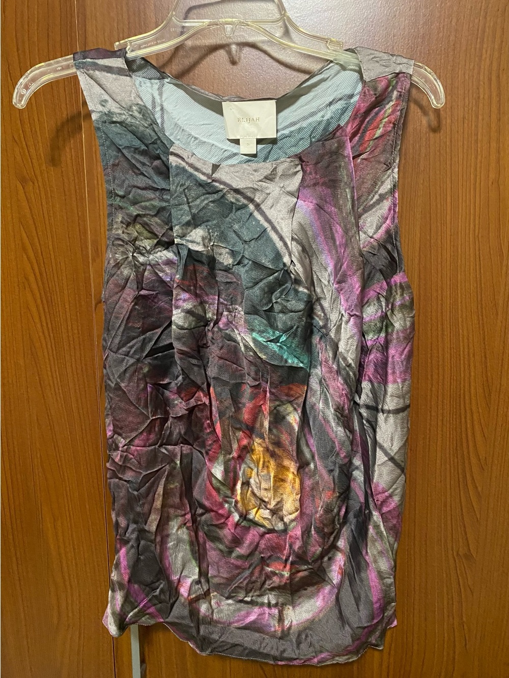 Elijah silk summer sleeveless blouse abstract print in purple gray teal, size S